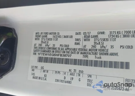 2017 Ford F-150 King Ranch z USA, uszkodzony, nr VIN 1FTEW1EG5HFB38707